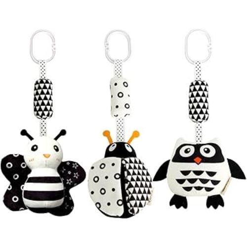KAKIBLIN Baby Hanging Toy,3 Pack Black and White Baby Toys for 3 6 9 12 Months, High Contrast Hanging Toys,Plush Soft Stroller Rattles Toy for Boys and Girls(21CM, Ladybug,Bee & Owl)