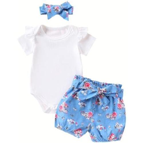 Kaipiclos Newborn Infant Girl Clothes Rib Knit Romper Daisy Print Shorts Headband Baby Summer Clothes 0 3 6 12 18 24 Months