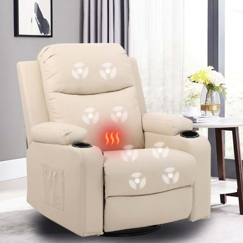 COMHOMA Swivel Recliner Chair with Heat and Massage, 31.89" Wide PU Leather Rocking Sofa for Living Room, Cream White
