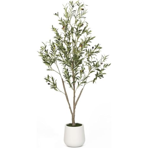Artificial Olive Tree, 5FT Tall Faux Olive Tree with White Planter, Artificial Plants with Natural Wood Trunk and Lifelike Fruits for Home Office Decor