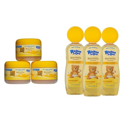 Ricitos de Oro Chamomile 3-Pack Hair Gel with 4.05 Oz Jars and Baby Shampoo 3 Pack with 8.4 FL Oz Bottles