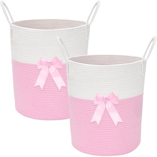 2 Pack Pink Laundry Basket with Bow 15" x 17.7" Large Woven Clothes Storage Basket Cotton Rope Nursery Hamper Bin Cute Toy Storage Bin for Nursery, Bathroom & Bedroom Organizer