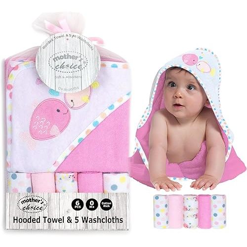Mother's Choice 6 Pcs Set Baby Hooded Towel with Face Cloth, Machine Wash, 75cm x 75cm, Baby Hooded Towel for Newborn (Pink Fish)