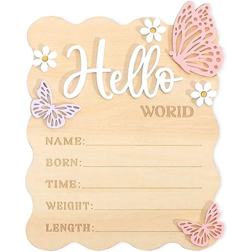 Butterfly Daisy Hello World Board - Little Butterfly Birth Announcement Sign,Wooden Hello World Card for Hospitals,Newborn Birth Information Record Board,Daisy Nursery Decorations Photo Props