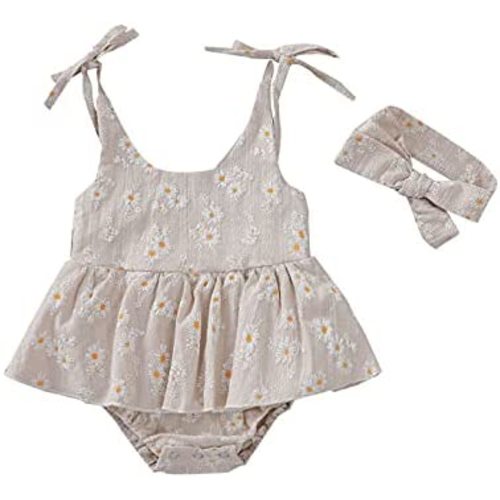 Baby Girls Daisy Playsuits Bodysuit+Headband Print Halter Romper Floral Jumpsuit Infant Onesie Summer Clothes