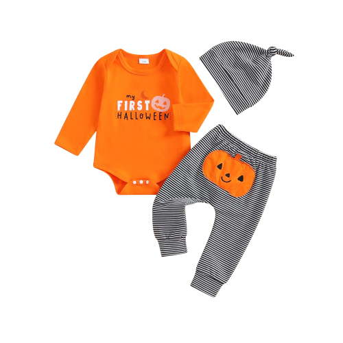 Baby Toddler Boys Halloween 3PCS Clothing Sets 0 3 6 9 12 Months Long Sleeve Letter Pumpkin Print Romper Striped Pants Hat Outfits