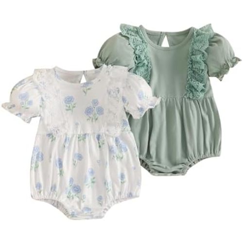 Merqwadd Baby Girl Bubble Romper Pack Short Sleeve Lace Bodysuit Vintage Newborn Summer Clothes