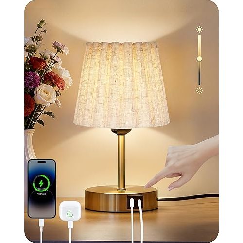 Small Bedside Table Lamp, Touch Dimmable Table Lamp with USB Ports, Nightstand Lamp with a Stepless Dimming LED Bulb, E26 Base, for Bedroom, Study, Desk, Gold and Beige DE16TL05