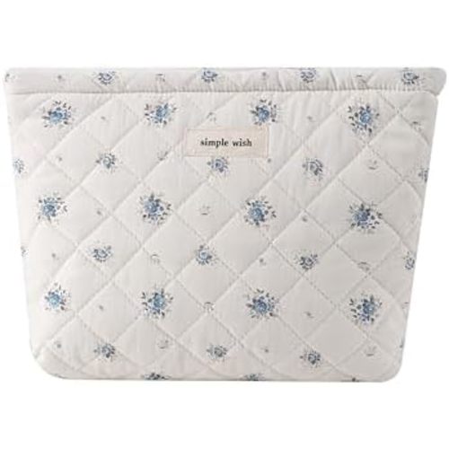 uekeboag Quilted Floral Cotton Makeup Pouch,Coquette Quilted Cosmetic Bag for Women and Girls, Aesthetic Organizer Bag, Flower Cute Travel Toiletry Bags(08Blue Flower)