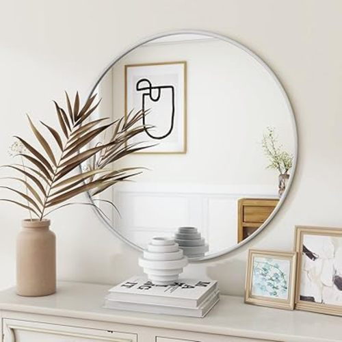 BEAUTYPEAK 20 Inch Round Mirror, Metal Frame Circle Mirror, Wall Mounted for Entryway, Bathroom, Vanity, Living Room, White