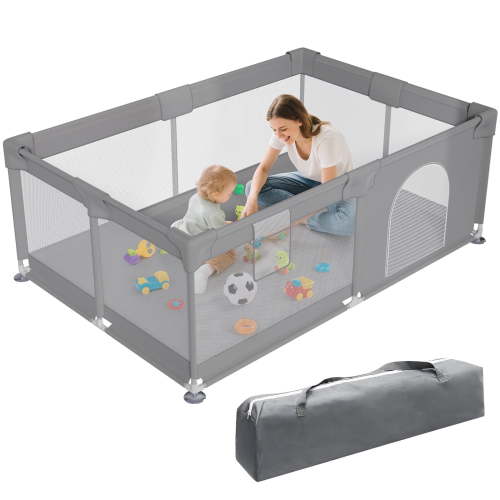 Vipsafe Baby Playpen, Safety Play Yard with Storage Bag, 47" x 71" Infant Travel Fence, Gray