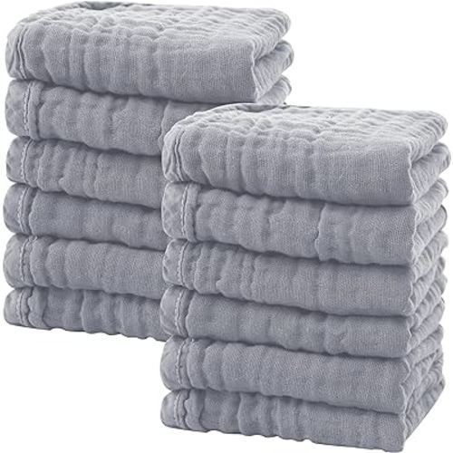 SWEET DOLPHIN 12 Pack Baby Muslin Washcloths - Soft Face Cloths for Newborn, Absorbent Bath Wash Cloths, Wipes, Burp Rag - Toddlers Essentials Stuff, Baby Registry as Shower -10"x10", Grey