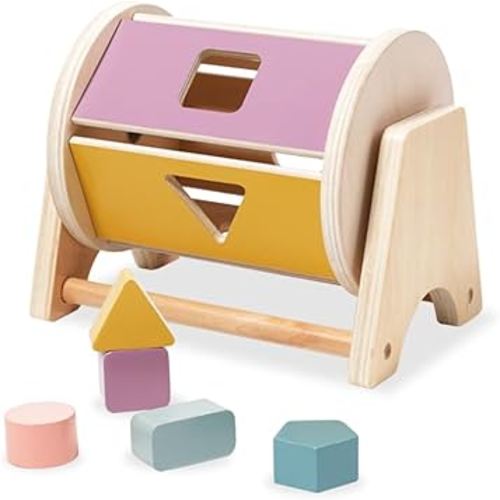 Wooden Montessori Spinning Drum ,Rainbow Fabric Ball Kit Toys 、Montessori Toys for Babies 6-12 Months,with 5 Wooden Blocks、Color Shape Sorting Matching Baby Toys