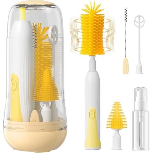 Electric Bottle Brush Cleaner, Rechargable Electric Baby Bottle Brush Cleaner with Nipple & Straw Brush, Travel Baby Bottle Brush with Drying Rack, Perfect Essentials for Mom After Birth, Yellow