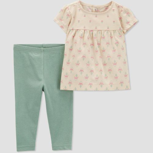 Carter's Just One You® Baby Girls' Ruffle Top & Bottom Set - Green 12M: Floral Cotton Tunic & Pants
