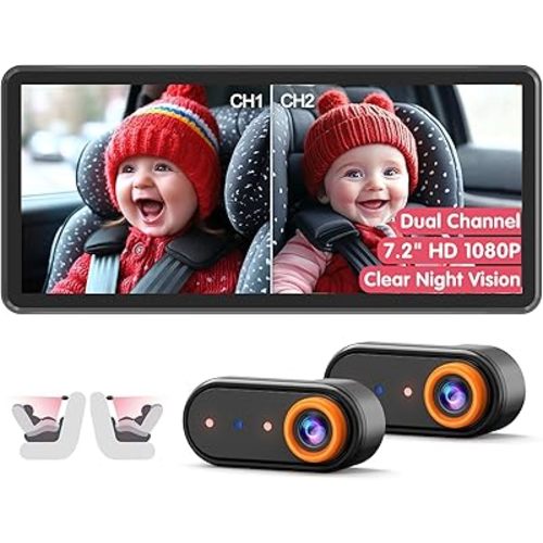 Baby Car Camera for 2 Kids, Dual Channel with 7.2" 1080P Crystal Clear Display, Easily Install Backseat Mirror with 2 IR Night Vision Cameras, Safety Car Baby Camera for Rear Facing