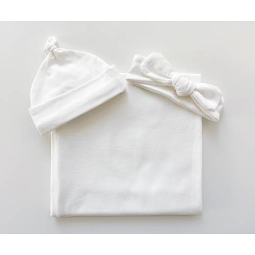 Swaddle blanket set, hat or headband, baby girl boy newborn, jersey knit, baby shower gift, infant tie outfit solid creamy white neutral