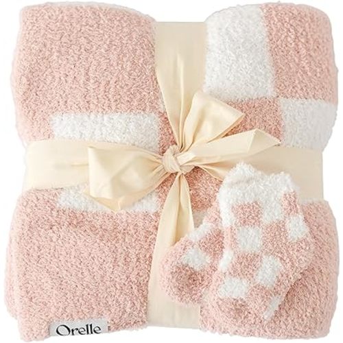 Orelle Checkered Baby Blanket and Socks Set | Pink