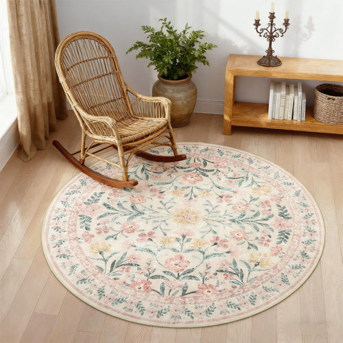 Machine-washable pink carpet Round bohemian floral rug