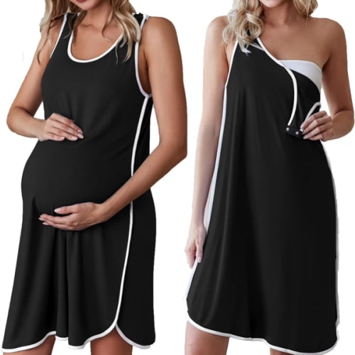Ekouaer Labor and Delivery Gown for Hospital 3 in 1 Nursing Dress Sleeveless Maternity Snap Button Breastfeeding Nightgown