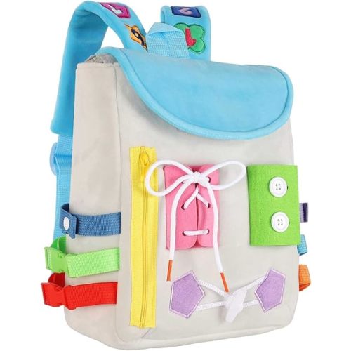 Busy Board - Toddler Backpack with Buckles and Learning Activity Toys - Develop Fine Motor Skills and Basic Life Skills - Learn to Tie Shoes - Children's Travel Toy (Grey)