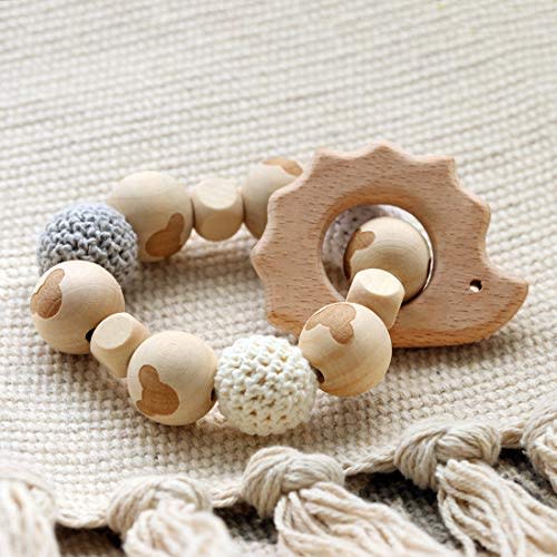 Hedgehog Wooden Teether Baby Gym Rattle Teether Natural Raw Crochet Beads Toy Baby Teething Ring Chew Toy Baby Teething Bracelet Crochet Beads Bracelet