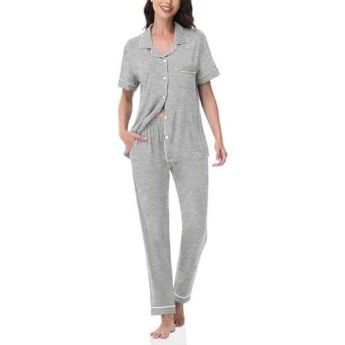 Womens Modal Pajama Set 2 Piece Soft Lounge Set Short Sleeve Button Up Pajama Comfy Pj Pants With Pockets S-3XL