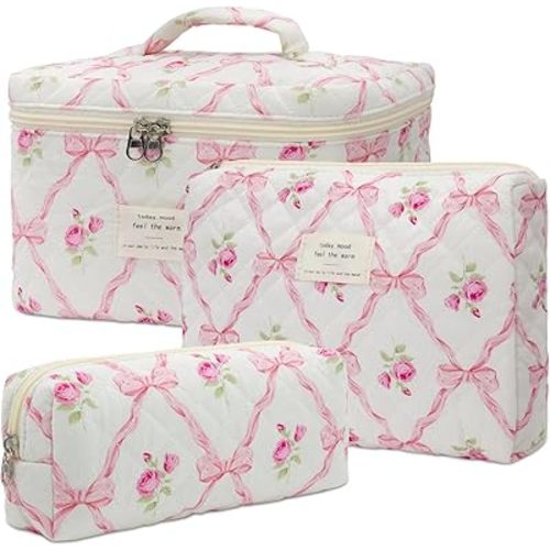 Makeup Bag,Quilted Cosmetic Bag,Large Floral Make Up Bag for Women,Cotton Makeup Bag Set,Flower Travel Toiletry Bag