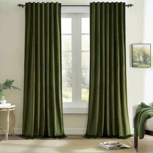 Velvet 100% Blackout Curtains 96 Inches Long, Back Tab Hooks Drapes,Room Darking Thermal Insulated Drapes 2 Panels Olive Green