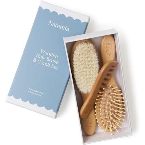 Natemia Wooden Baby Hair Brush & Comb Set - Natural Goat Hair Bristles & Soft Bristle Brush - Gentle Scalp Massage & Cradle Cap Comb - For Newborns & Toddlers, Baby Grooming Kit