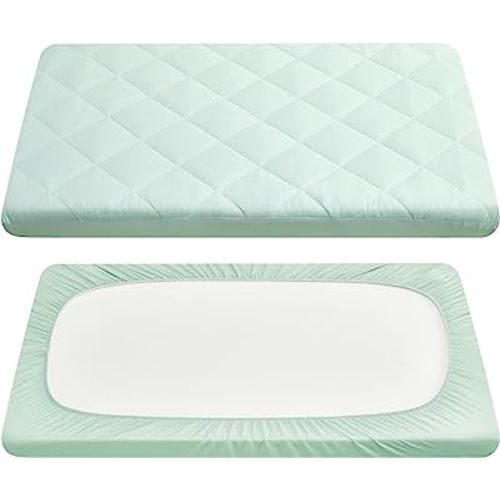 TILLYOU Cloudy Soft Pack N Play Sheets Fitted Quilted, Breathable Thick Play Yard Playpen Sheets, 39"x27" Fits Mini/Portable Crib Mattress, Sage Green