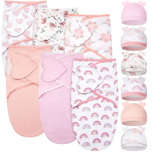 Ramede 6 Pack Baby Swaddle Blanket with Hats Sleep Swaddle for 0-3 Months Newborn Sacks Soft Cotton Wearable for Boy Girl