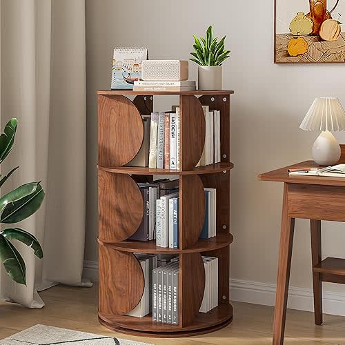 3 Tier Rotating Bookshelf,360 Display Small Corner Bookcase Tower,Floor Standing Kids Rotating Bookshelf Organizer for Living Room Bedroom Small Space (Walnut)