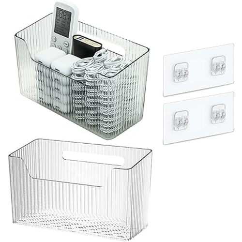 Set Of 2 Storage Organizer Bins Wall Mounted Organizer Basket, Shower Caddy Stackable Clear Plastic Makeup Organizer Adhesive Hanging Bin for Bathroom, Kitchen, Cabinet, Pantry, BPA Free, Large, Clear