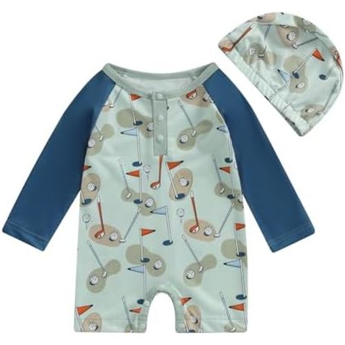 Toddler Baby Boy Swimsuit Rash Guard Fish Golf Pattern Snap Button Long Sleeve Swimwear with Swim Cap