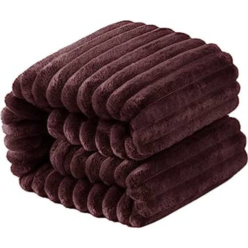 NTBAY Plush Flannel Twin Bed Blanket, 60x80 Inches Soft and Warm Lightweight Bed Blanket with Striped Texture for Couch, Sofa, All Seasons, Brown