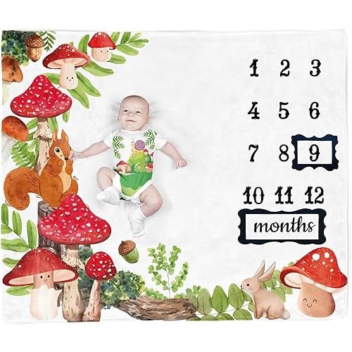 Mushroom Baby Stuff, Woodland Squirrels Baby Monthly Milestone Blanket for Newborn Photo Taken - Baby Age Blanket with 2 Frame