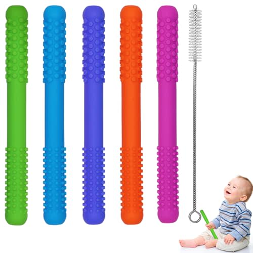 Hollow Teething Tubes Toys for Babies Girls Boys, 5 Pack Silicone Baby Teether Toy Tube for Infants with Nursing Biting Chewing, Chew Straws for Toddlers 6-12 Months (Style A)