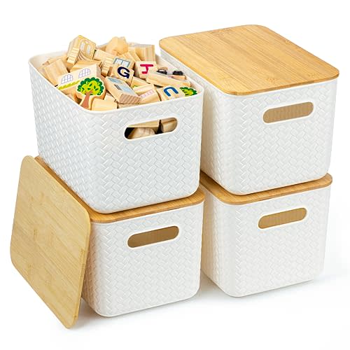 Ohmlove 4 Pack Bamboo Lid Storage Bins - Stackable Plastic Containers for Organizing Desktop, Closet, Playroom, Classroom, Office, White