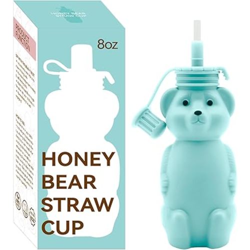 Honey Bear Straw Cup, Food Grade Silicone, Babies Water Drinking Cup, 8-Ounce Therapy Sippy Bottles for Speech and Feeding Training, BPA Free & Dishwasher Safe (AQUA)