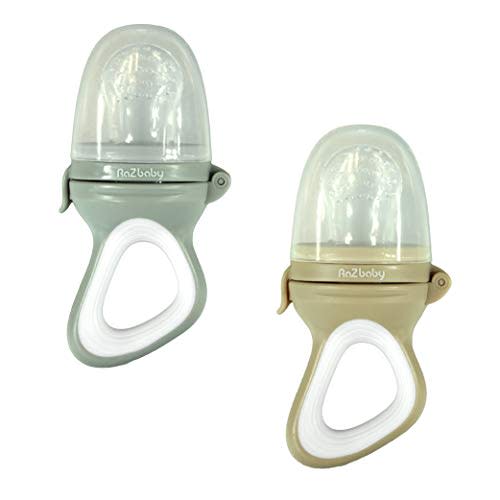 RaZbaby Baby Solids/Frozen Fruit Feeder Pacifier, Infant Teether Toy 6M+, BPA-Free, Safely Introduce Solids, Natural Teething Relief, Dishwasher Safe, Freezable Grey & Tan 2-Pack