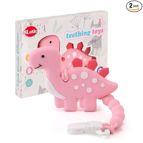 Baby Teething Toys for Babies 3-6 6-12 Months, Dinosaur Teether Pain Relief Toy with One Piece Design Pacifier Clip Holder Set, Freezer Safe Neutral Shower Gift for Boys and Girls (Pink)