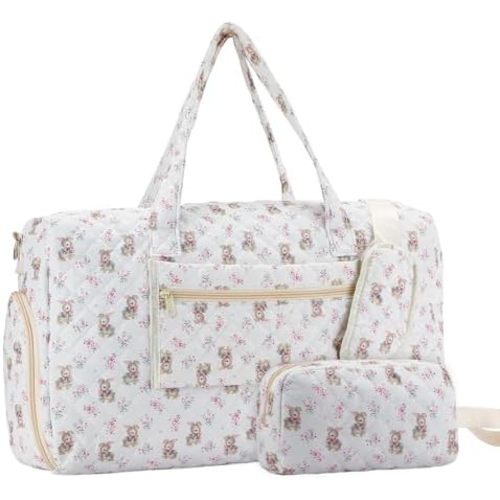Large Quilted Travel Duffle Bag for Women Coquette White Pink Floral Sweetly Bunny Portable Gym Lightweight Weekender Bag Grocery Pouch Workout Overnight Carry on Duffle Pouch for Travel Work