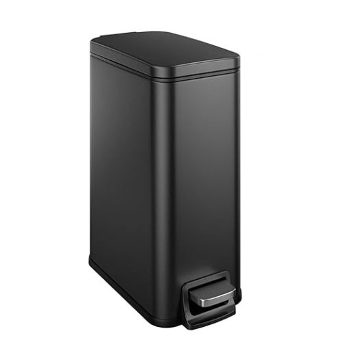 Slim Bathroom Trash Can with Soft Close Lid, 1.6 Gallon Stainless Steel Garbage Can with Removable Inner Bucket, Durable Step Pedal, Small Trash Bins for Toilet, Bedroom, Kitchen, Office