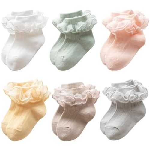 Meeshine Baby Newborn Girls' Lace Ruffle Ankle Socks Toddler Frilly Cotton Princess Dress Socks 6-Pack