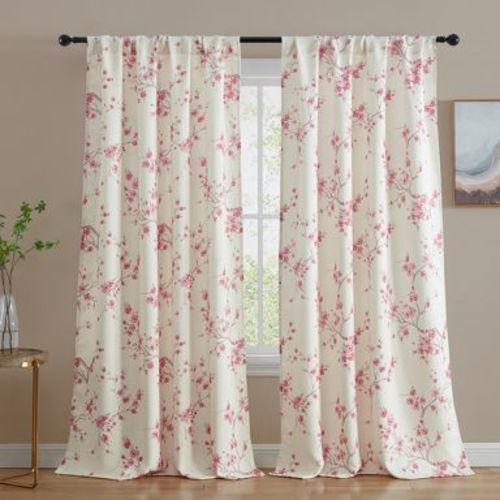 HLC.ME Jasmine Floral Patterned Window Rod Pocket Curtains - Light Blocking Darkening Window Panels, Set of 2 - Pink, 52 W x 96 L