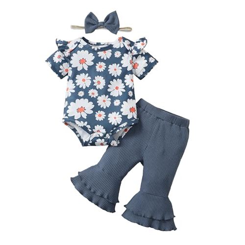SUNNY PIGGY Baby Girl Clothes Ruffle Short Sleeve Romper Long Pants Set with Headband Newborn Infant Outfits