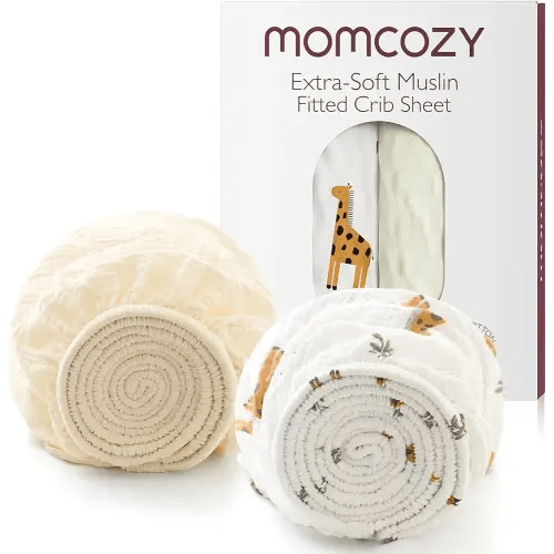 Momcozy Best Wishes Muslin Fitted Mini Crib Sheets, 38''x26'', 2 Pack Soft Breathable Natural Cotton Baby Mattress Sheet, 360° Mattress Wrapping Boys Girls Neutral Toddler Bed Sheet, Bravery Giraffe