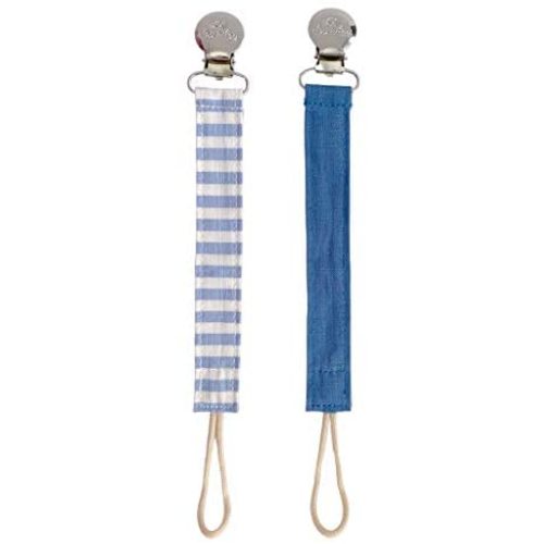 Itzy Ritzy Linen Pacifier Clips; Fabric Pacifier Strap with Clip Keeps Pacifiers & Teethers in Place; Includes Universal Attachment Clip and Loop; 2-Pack of Blue and Blue Stripe