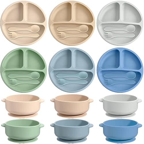 Dandat 24 Pcs Silicone Baby Feeding Set, 6 Baby Toddler Suction Bowls 6 Divided Suction Plates with 6 Forks 6 Spoons, Baby Utensils Set for Weaning Infant Feeding and Eating, 6 Styles (Dark Color)